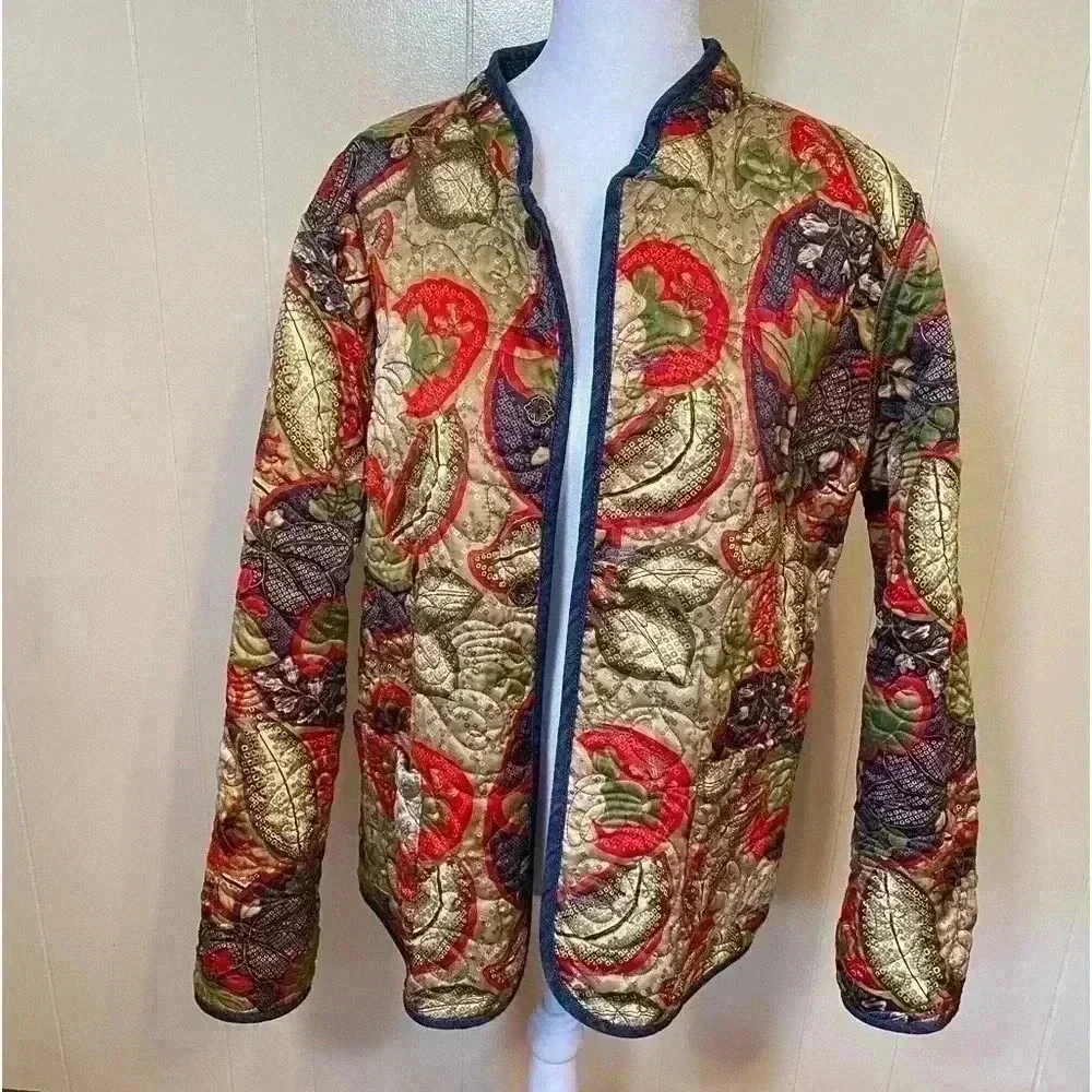 Woman’s Reversible Quilted Jacket Coat.  Denim And Floral.  Size L/XL. - Picture 3 of 10